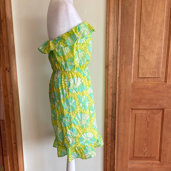 LILLY PULITZER Flor Pink Label Strapless Ruffle Mini Dress Green Yellow VTG - Picture 7 of 17